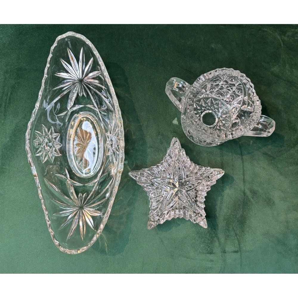 Lot Crystal Star Dish Godinger Dublin + Oval Celery Tray & Creamer Bowl